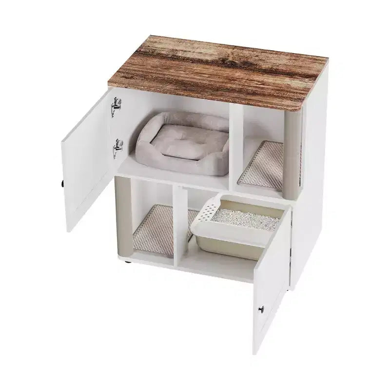 Litter Box Enclosure with Double Room, Hidden Enclosed Litterbox Furniture with Scratch Posts and Double-Layer Litter Mats Indoor Pet House