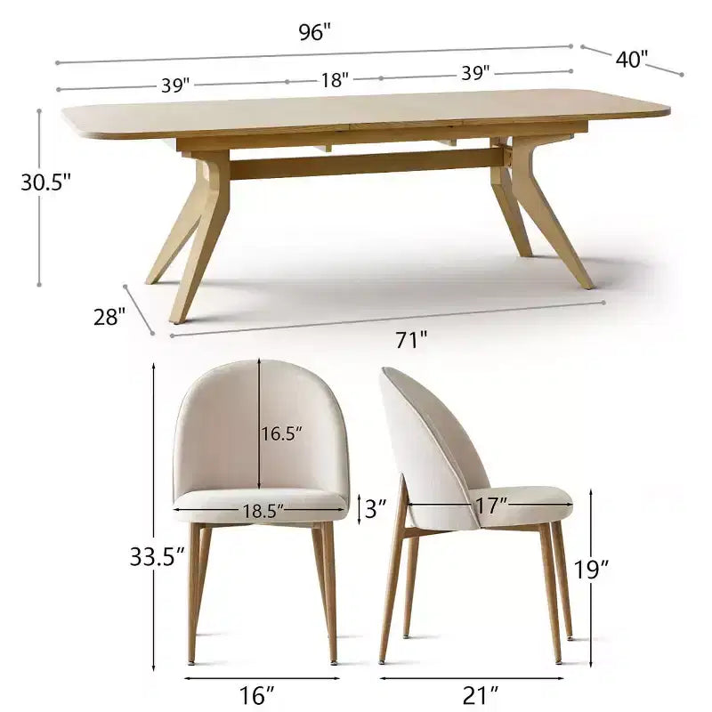 78-96 Modern Extendable Dining Table Set for 6/8, Japandi Dining Room Set with Beige Upholstered Chairs, V-Leg Trestle Base-Panipeachy
