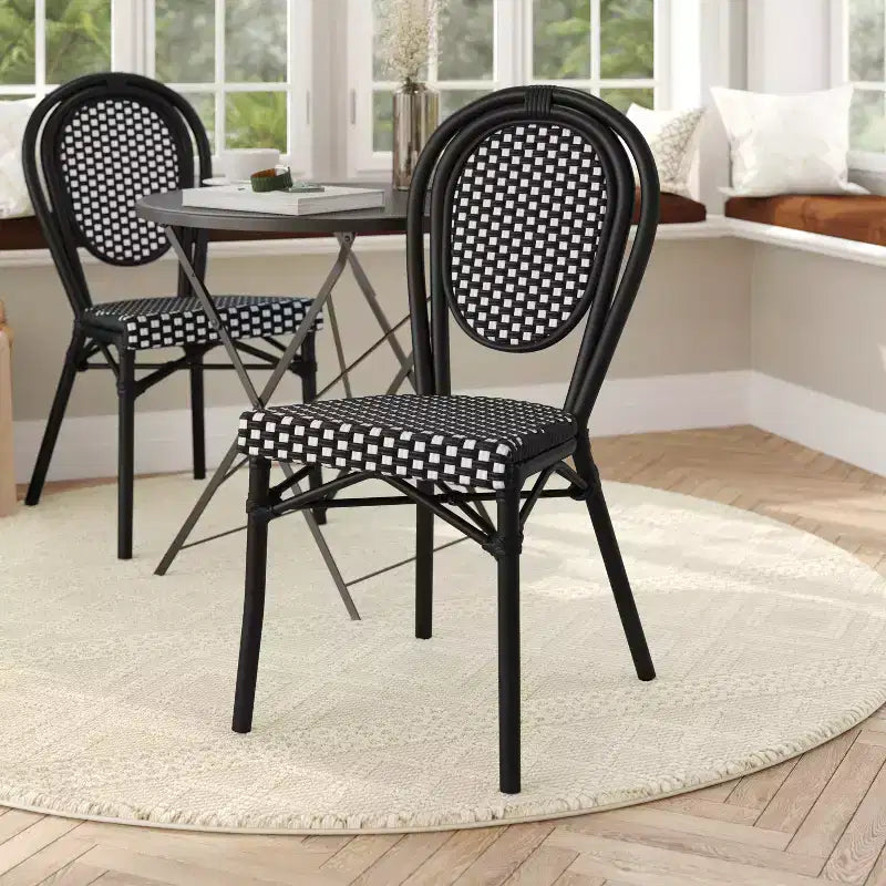 Flash Furniture Lourdes Indoor/Outdoor Commercial Thonet Bistro Stacking Chair, PE Rattan and Aluminum Frame