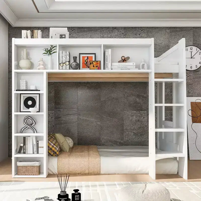 Whisen Queen Size Wooden Loft Bed Frame with Storage Cabinets and Shelves