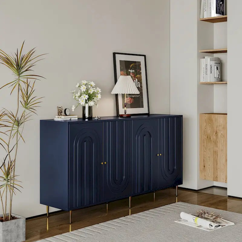 60-in Modern Blue/ Grey Lacquered 4 Door Wooden Sideboard Buffet Server Accent Storage Cabinet