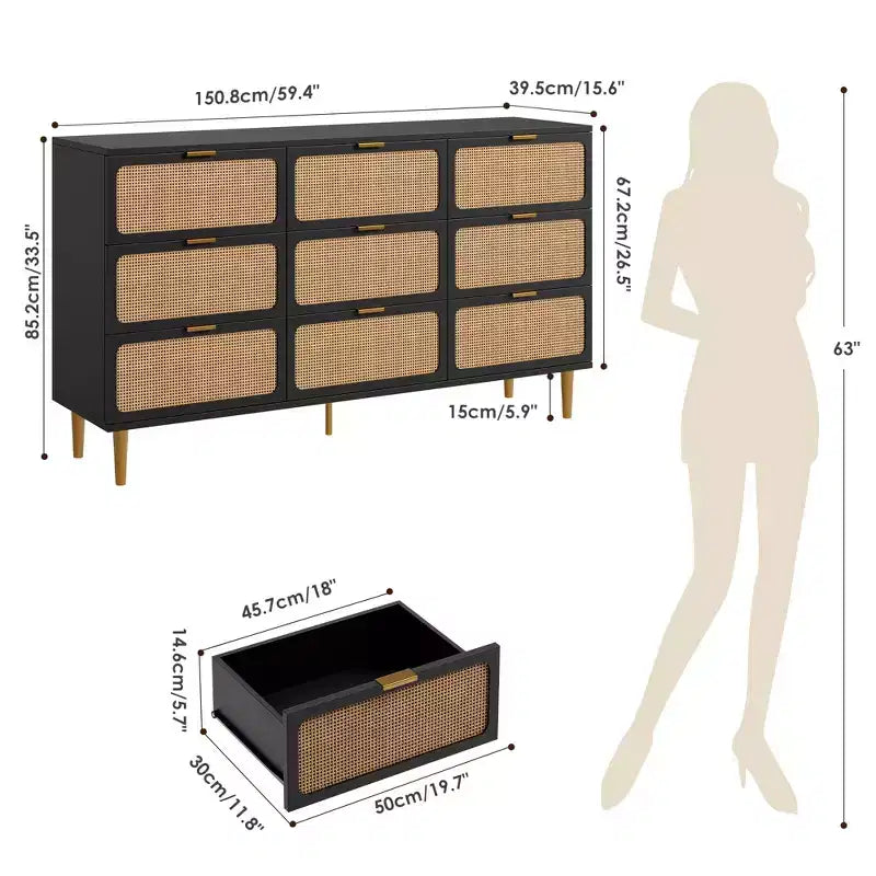 Rattan chest of drawers for the bedroom, large-capacity drawer cabinets for the wardrobe, suitable for the living room, hallway, and childrens room.