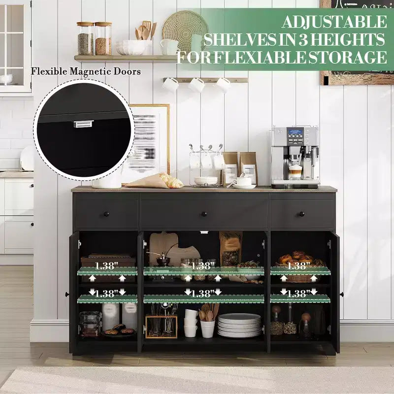 55 Sideboard Buffet Cabinet with 3 Drawers & 4 Doors, Adjustable Shelf Kitchen Storage Console for Dining Room Living Room