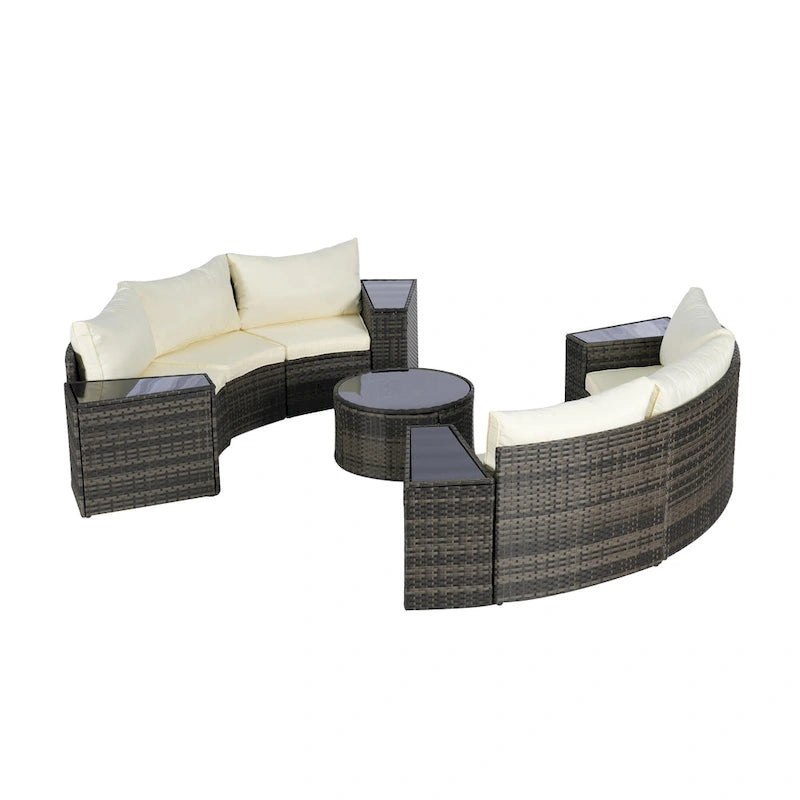 11-Piece Outdoor Half-Round Modular Sectional Sofa Set with Tempered Glass Coffee Table and 4 Side Table