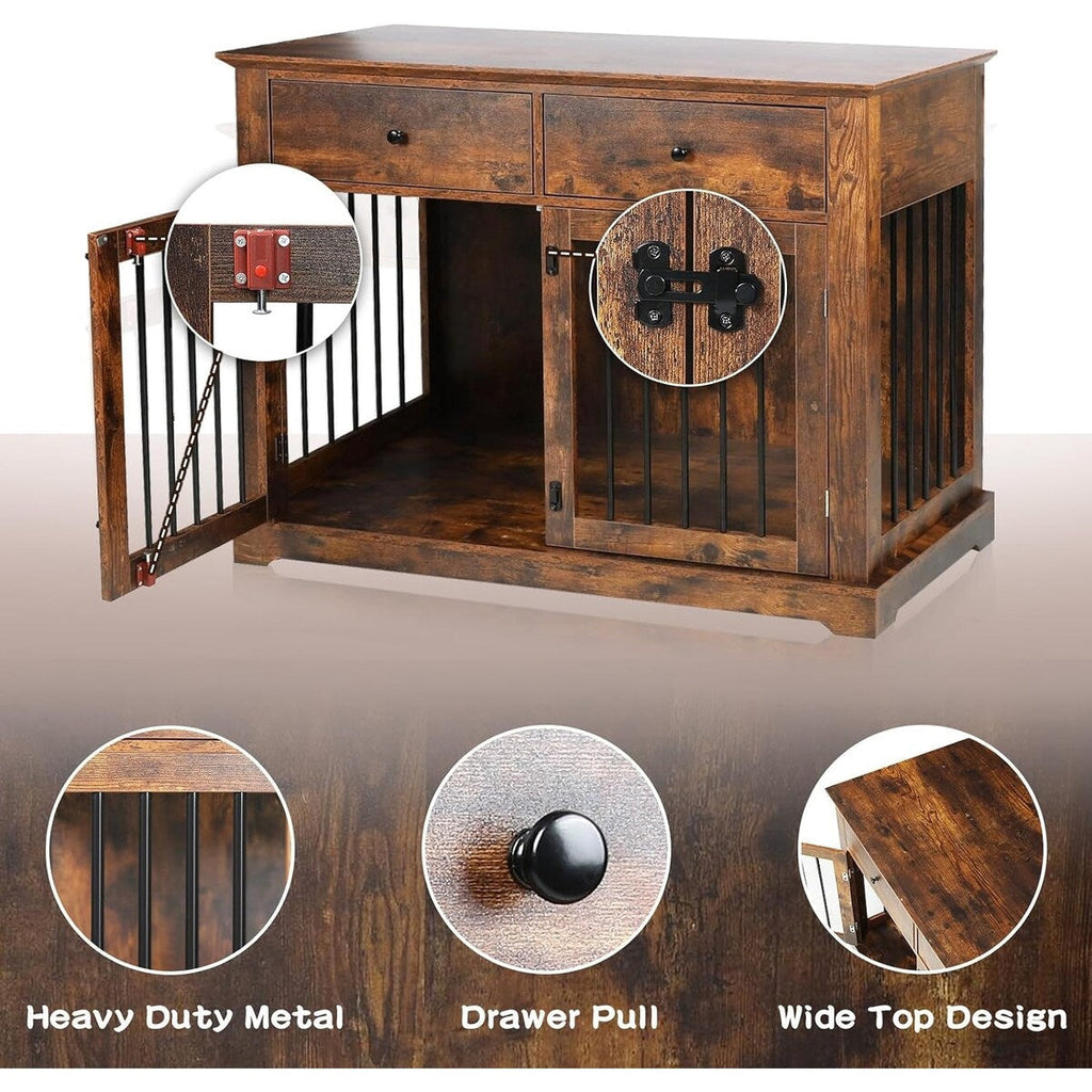 BOSSIN 44 Inch Large Dog Crate Furniture, Wooden Dog Kennel End Table with Storage Drawers, Decorative Pet Crates Dog House