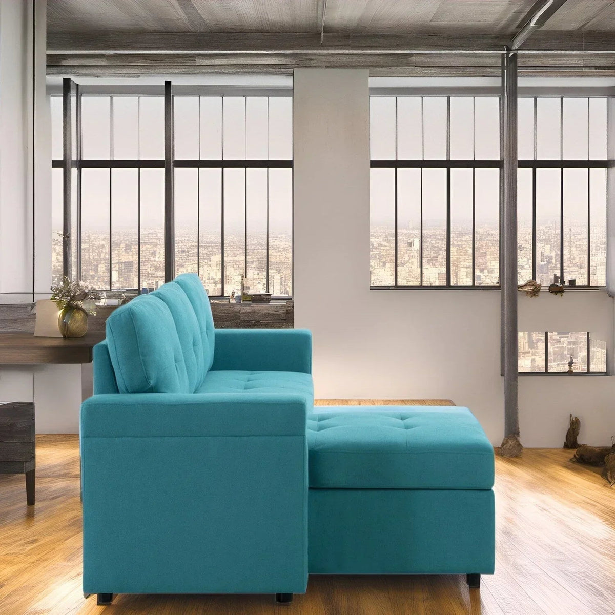 Convertible Reversible Sectional Sofa with Pull-Out Sleeper Bed, Hidden Storage Chaise, and Durable Legs
