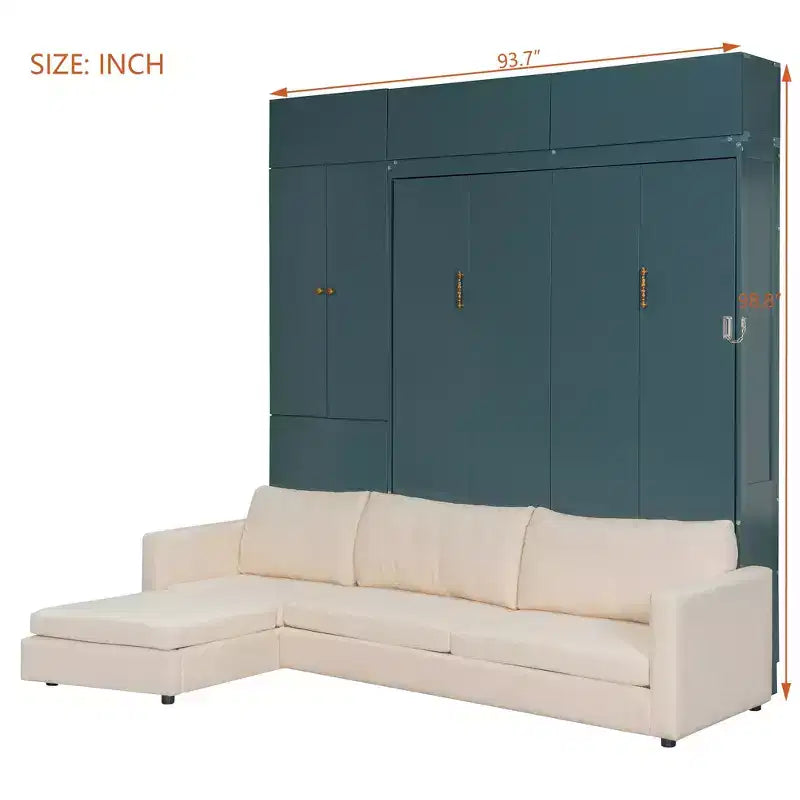 Queen Size Murphy Bed with Sofa and Cabinet, Wooden Queen Cabinet Bed Wall Bed with Shelves, Folding Wall Chest Bed for Guest Room Office