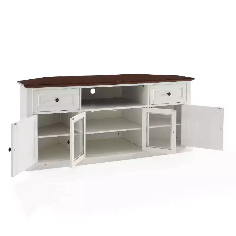 White Corner TV Stand for TVs up to 65, Beveled Glass Doors, 1-Person Assembly