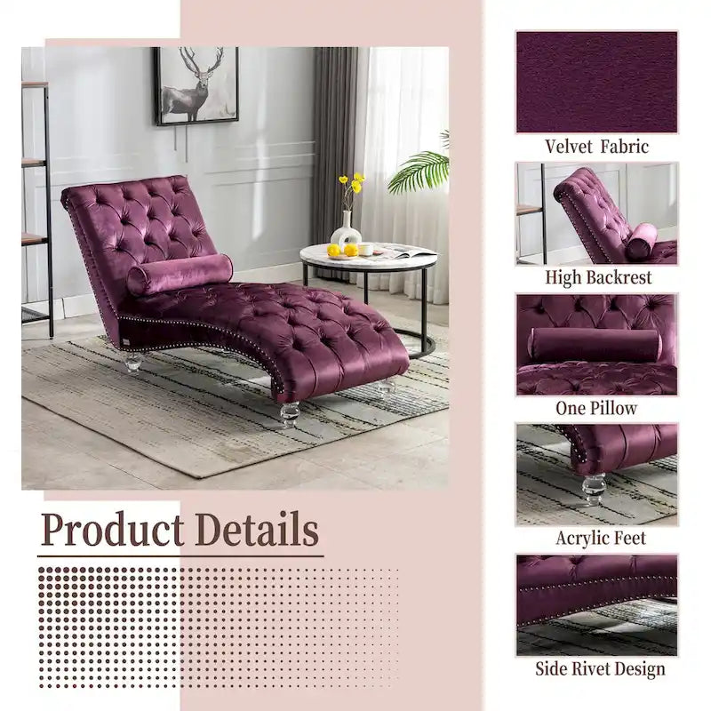 Purple Upholstered Tufted Chaise Lounge Chair with Pillow and Acrylic Legs