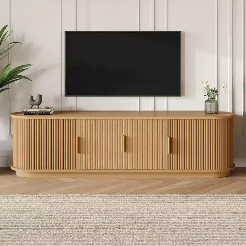 GDFStudio Roy Farmhouse Wooden TV Stand with Sliding Tambour Door and Adjustable Storage