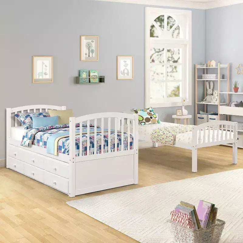 Twin Bunk Bed with Ladder, Safety Rail, Twin Trundle Bed with 3 Drawers for Teens Bedroom, Guest Room Furniture