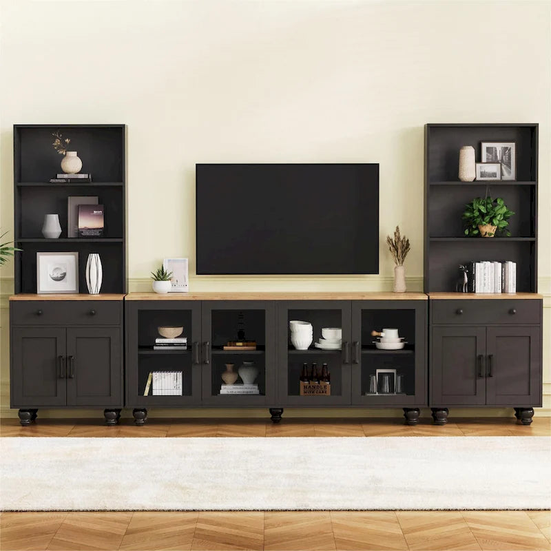 Black + Dark Walnut Farmhouse TV Entertainment Center with Bookshelves & Tempered Glass Doors for TVs Up to 70