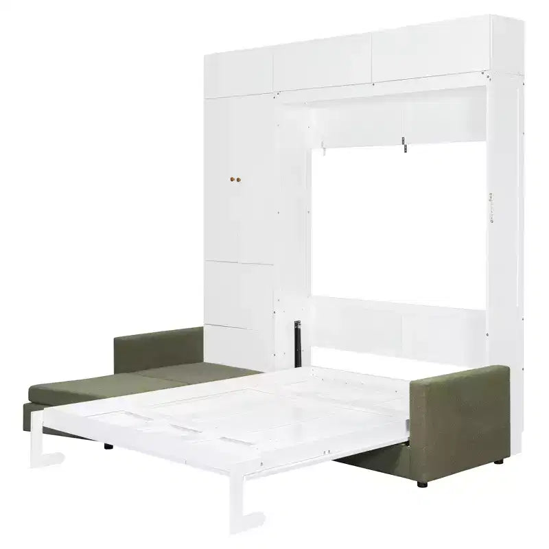 Queen Size Murphy Bed with Sofa and Cabinet, Wooden Queen Cabinet Bed Wall Bed with Shelves, Folding Wall Chest Bed for Guest Room Office