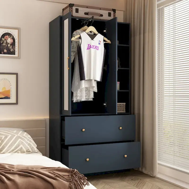 Wardrobe Clo Armoire wi/Mirror & Scalable Hanging Rod Space Saving