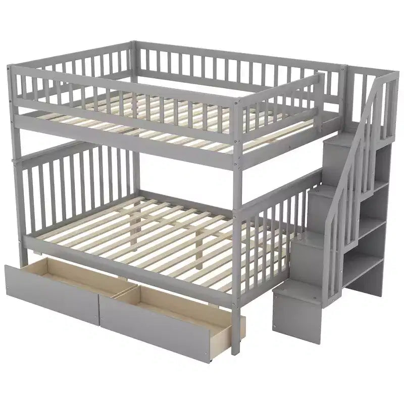 Full over Full Bunk Bed with Drawers and Storage Staircase