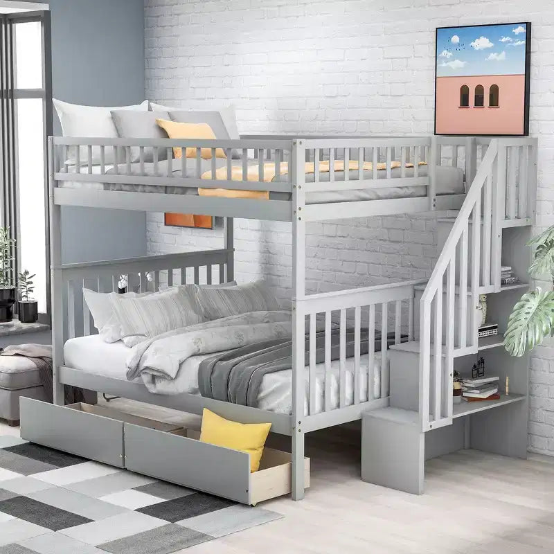 Full over Full Bunk Bed with Drawers and Storage Staircase