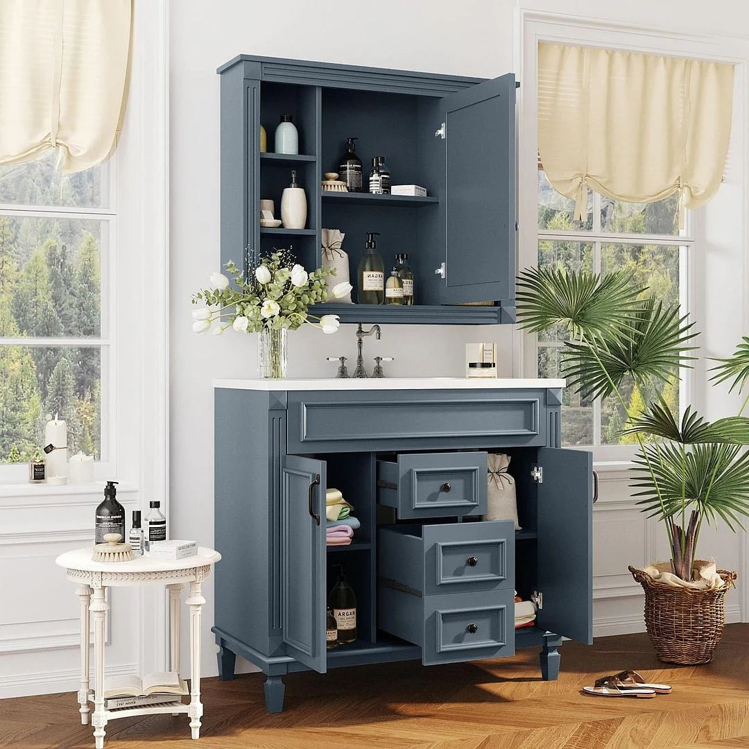 36 Modern Bathroom Vanity with Top Sink and Mirror Cabinet,2 Doors and 2 Drawers