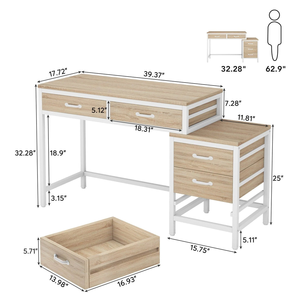 Reversible Computer Desk with 5 Drawers, Home Office Desk with File Cabinet Drawer Printer Stand