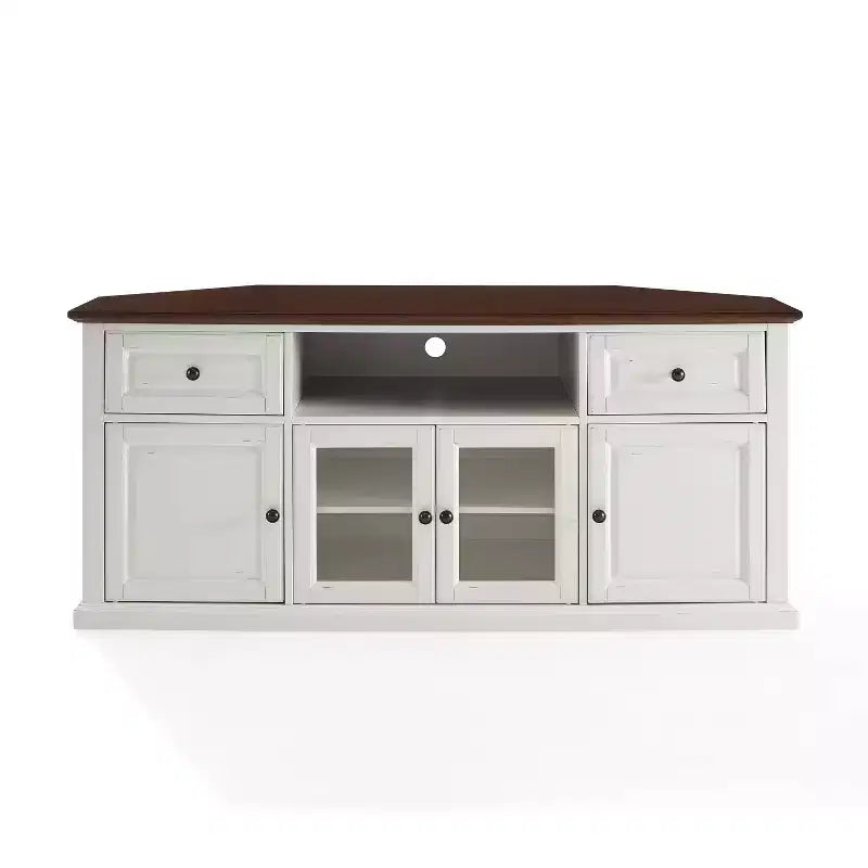 White Corner TV Stand for TVs up to 65, Beveled Glass Doors, 1-Person Assembly