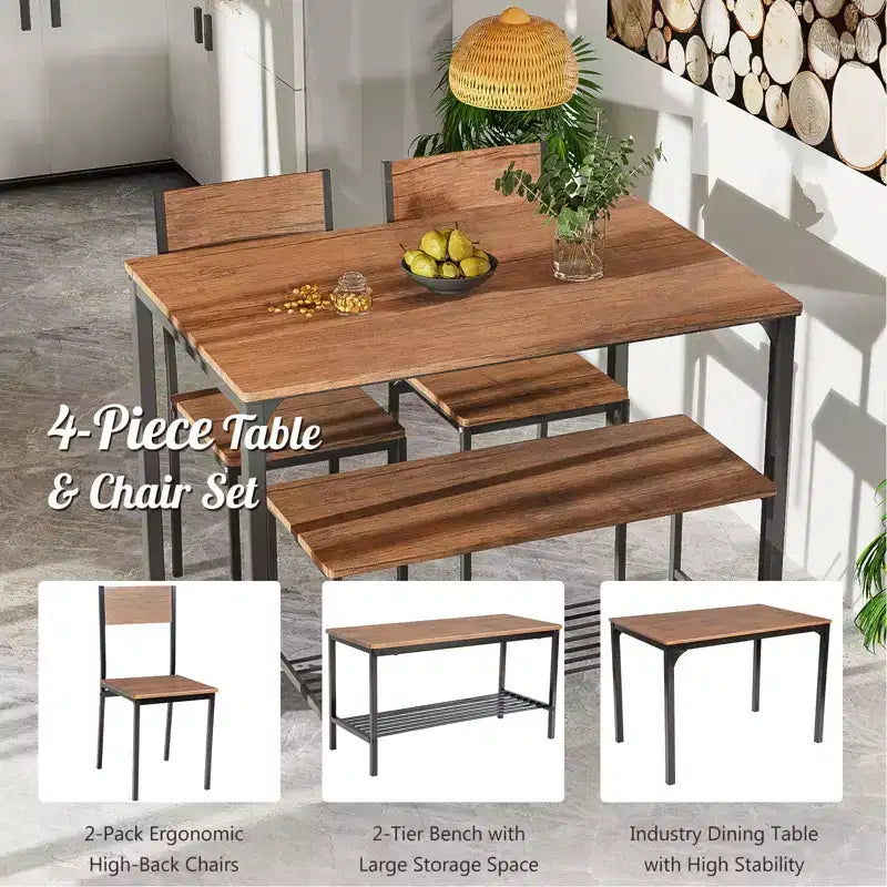 Costway 4pcs Dining Table Set Rustic Desk 2 Chairs & Bench w/ Storage Rack