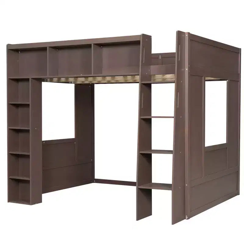 Whisen Queen Size Wooden Loft Bed Frame with Storage Cabinets and Shelves