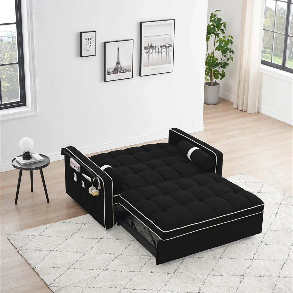 Velvet Convertible 55 2-Seater Sleeper Sofa with Pull-Out Bed, Adjustable Recline, Side Pockets, and Phone Holder