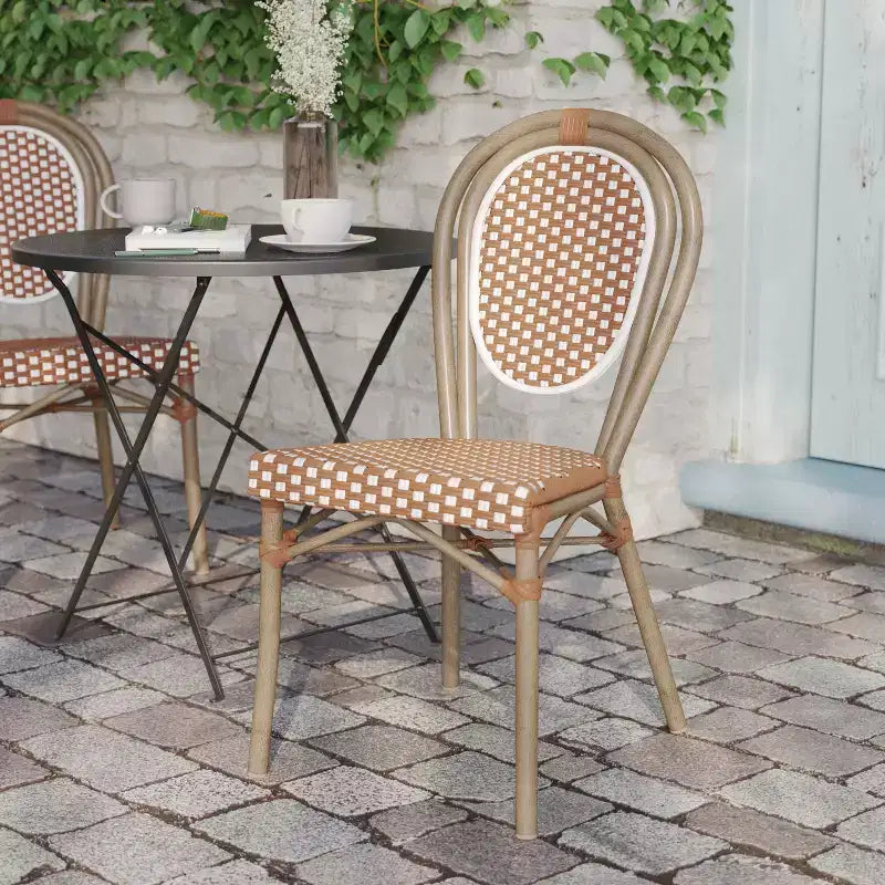 Flash Furniture Lourdes Indoor/Outdoor Commercial Thonet Bistro Stacking Chair, PE Rattan and Aluminum Frame