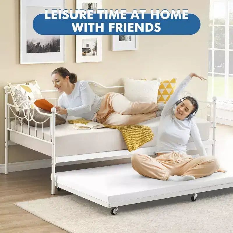 Twin Day Bed with Trundle Bed Twin, Metal Daybed with Trundle, Daybed with Trundle Bed Frame, Steel Slat Support Sofa Bed for Kids Teens Adults