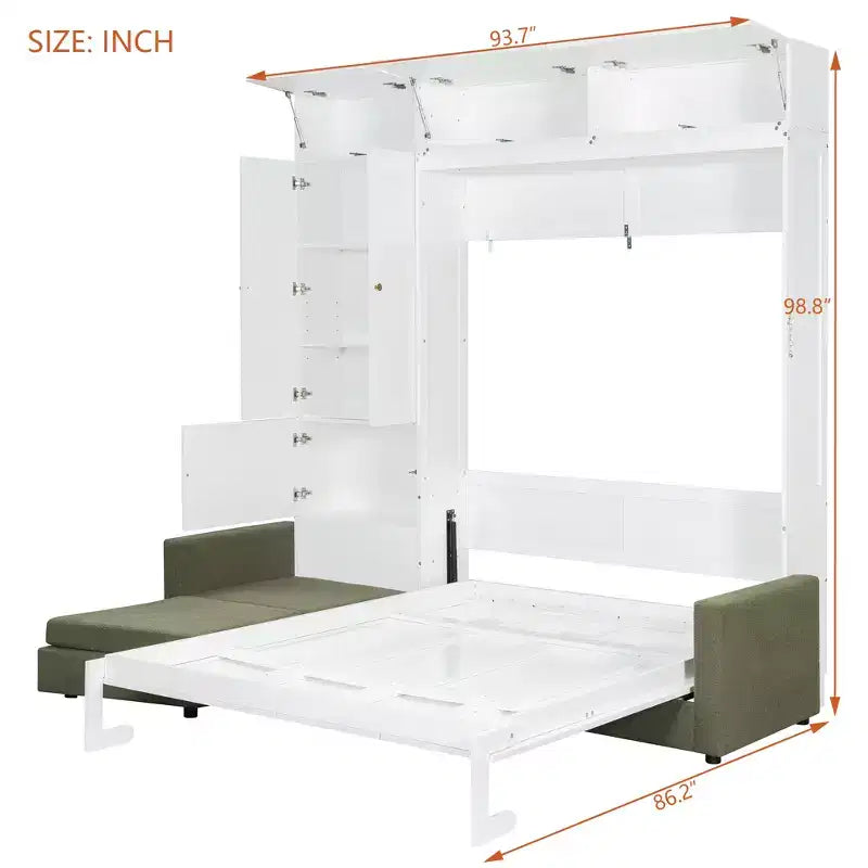 Queen Size Murphy Bed with Sofa and Cabinet, Wooden Queen Cabinet Bed Wall Bed with Shelves, Folding Wall Chest Bed for Guest Room Office