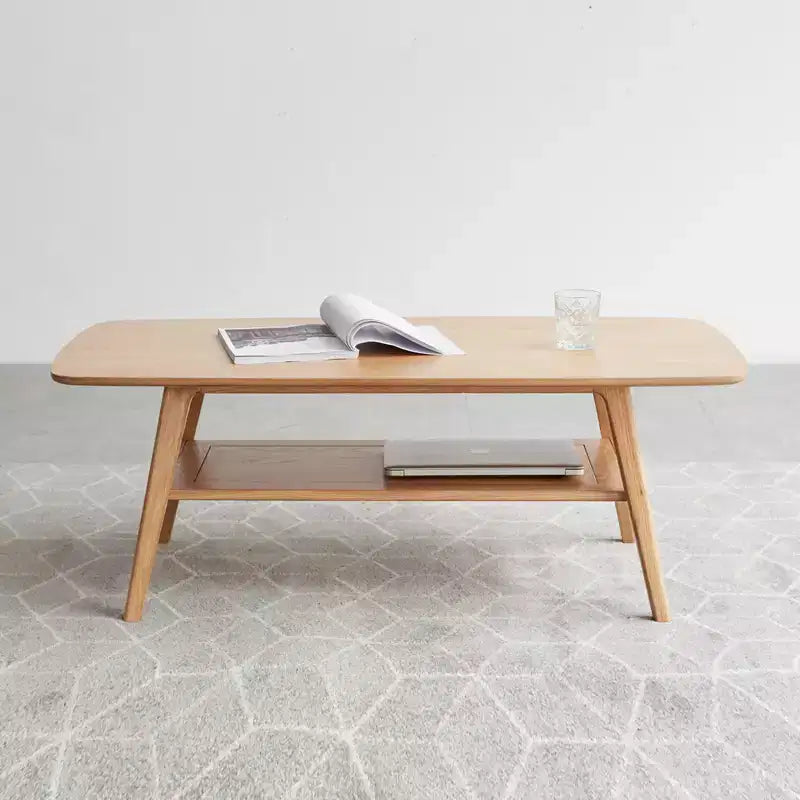 GDFStudio Wright Modern Solid Oak Wood Rectangle Coffee Table With Storage Shelf
