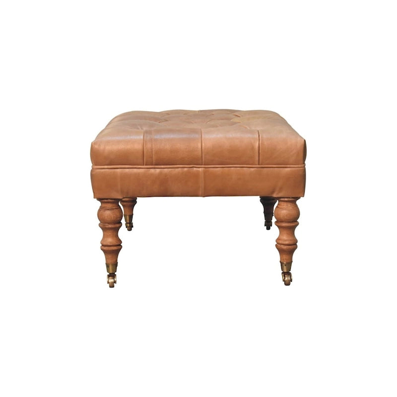 Artisan Furniture Solid Wood Buffalo Tan Leather Ottoman with Castor Legs