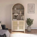 Bohemian Arched Display Cabinet with 2 Faux Rattan Doors, 5 Adjustable Shelves for Living Room, Kitchen, Beige
