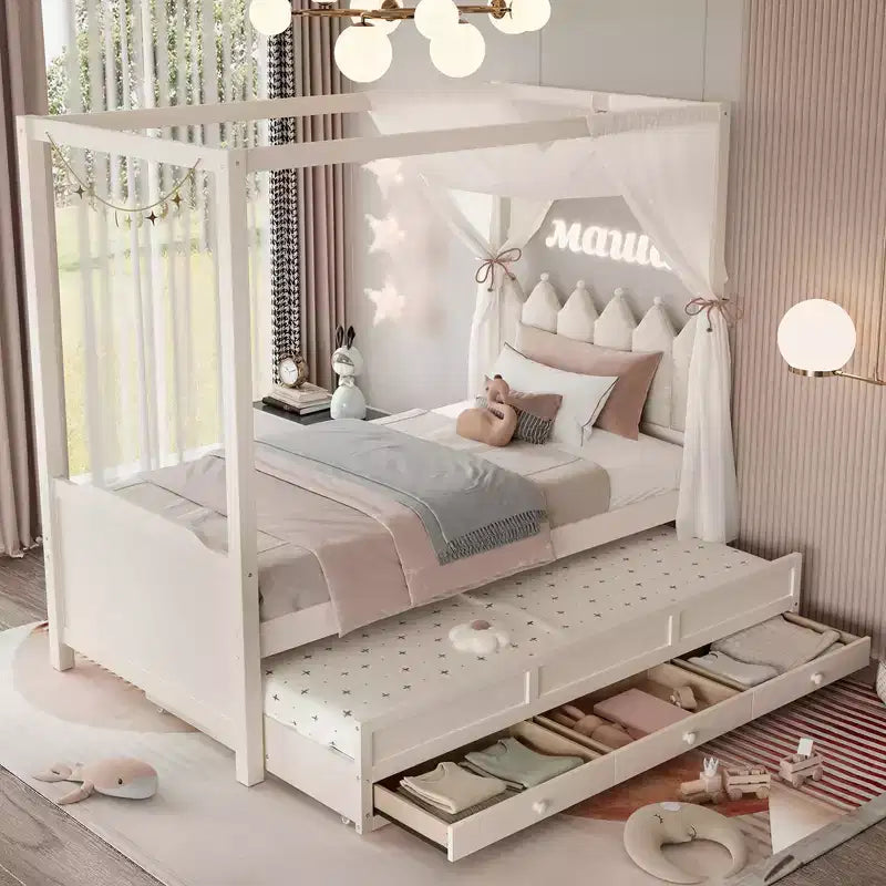 Twin/Full Size Platform Bed with Trundle, Princess Wood Canopy Bed with 3 Drawers, Storage Bed with Upholstered Headboard for Bedroom
