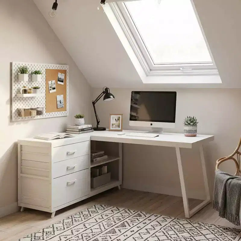 Reversible L-Shaped Desk with 3 Drawers & Open Shelves - Rustic Home Office