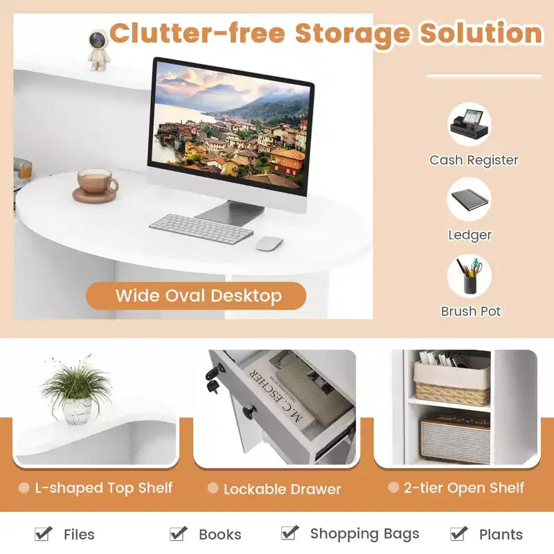 Costway Front Reception Counter Desk Checkout Office Desk with Open Shelf & Lockable Drawer White/Brown/Black