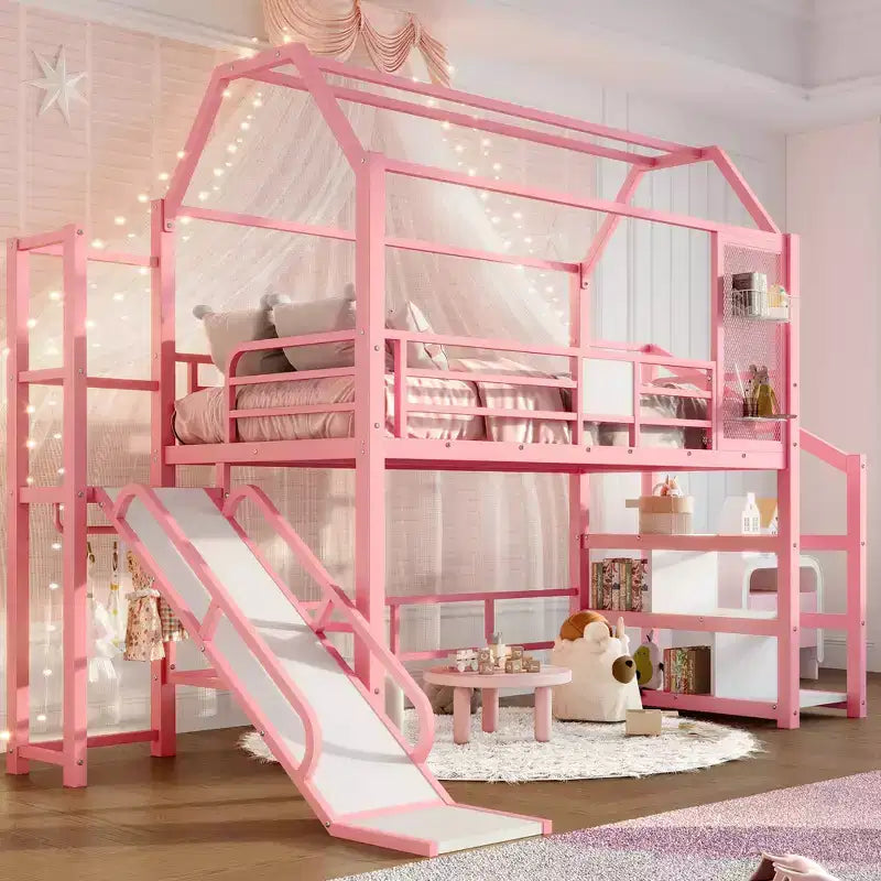 House Loft Bed with Slide and Storage Stairs - Metal Frame for Kids and Teens