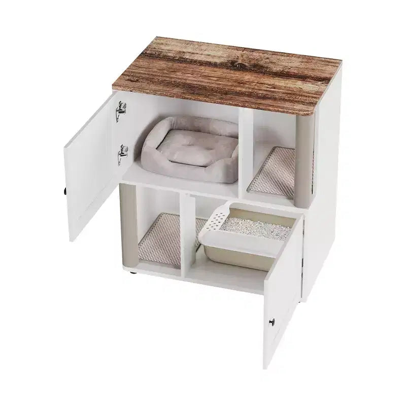 Litter Box Enclosure with Double Room, Hidden Enclosed Litterbox Furniture with Scratch Posts and Double-Layer Litter Mats Indoor Pet House