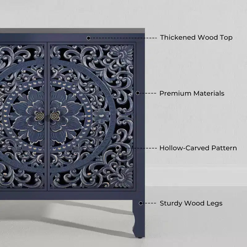 Buffet Cabinet with Storage, Distressed Storage Cabinet with 4 Carved Doors and Adjustable Shelf, Wooden Accent Sideboard Buffet Cabinets