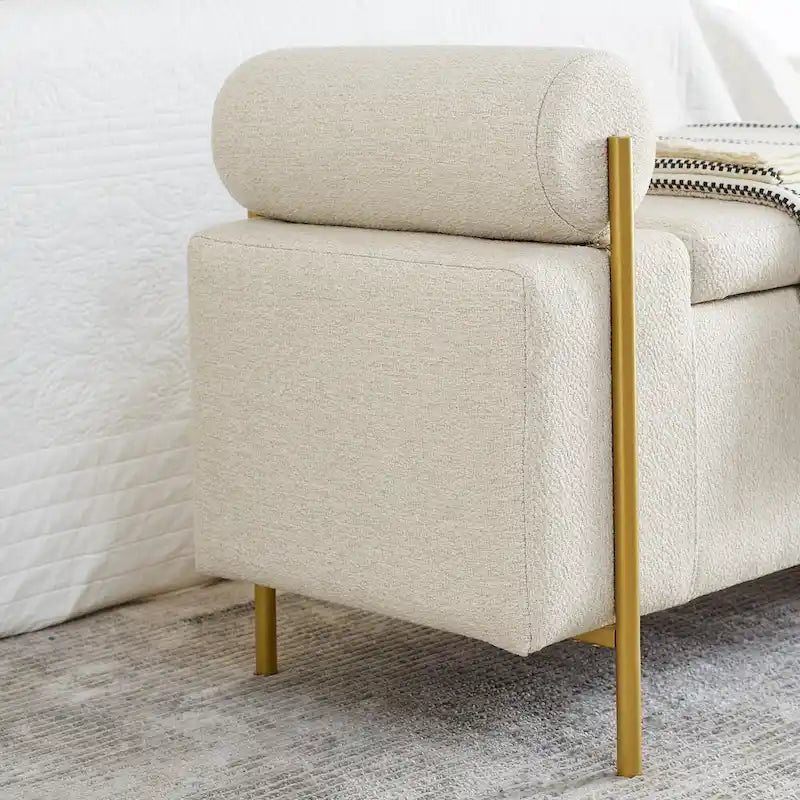 Upholstered Linen Storage Bench with Cylindrical Arms and Gold Metal Legs