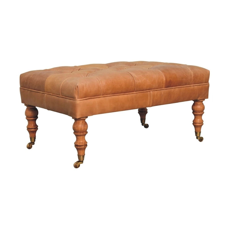 Artisan Furniture Solid Wood Buffalo Tan Leather Ottoman with Castor Legs