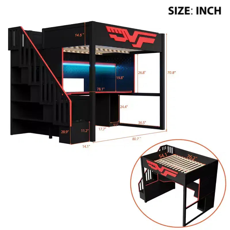 Whisen Full Size Gaming Loft Bed Frame with Desk and Storage Staircase - Red & Black