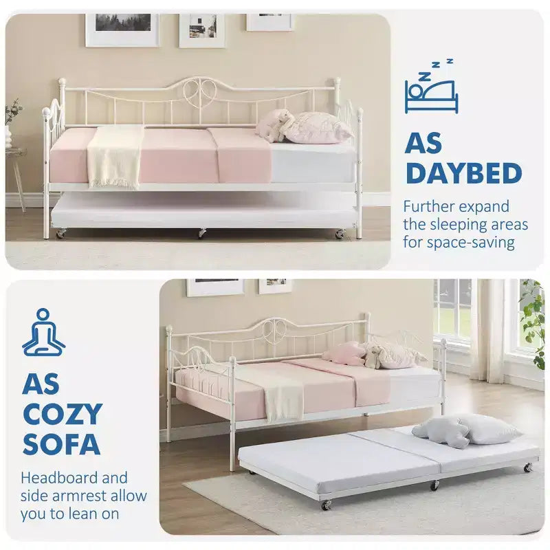 Twin Day Bed with Trundle Bed Twin, Metal Daybed with Trundle, Daybed with Trundle Bed Frame, Steel Slat Support Sofa Bed for Kids Teens Adults