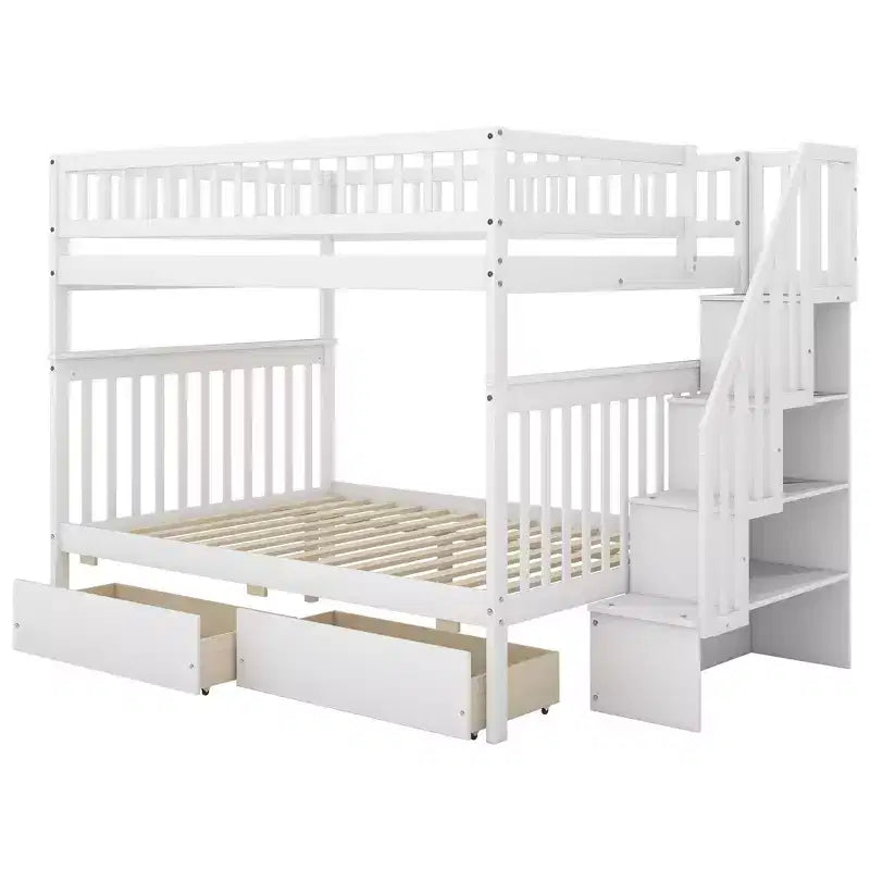 Full over Full Bunk Bed with Two Storage Drawers and Storage Shelves for Kids Teens Adults Bedroom