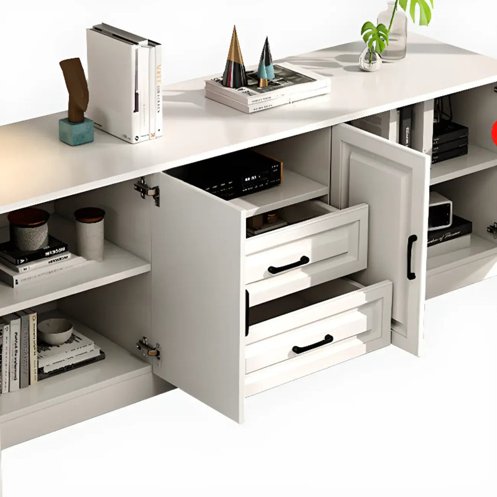 Modern White Wooden TV Stand with Storage and Cable Management
