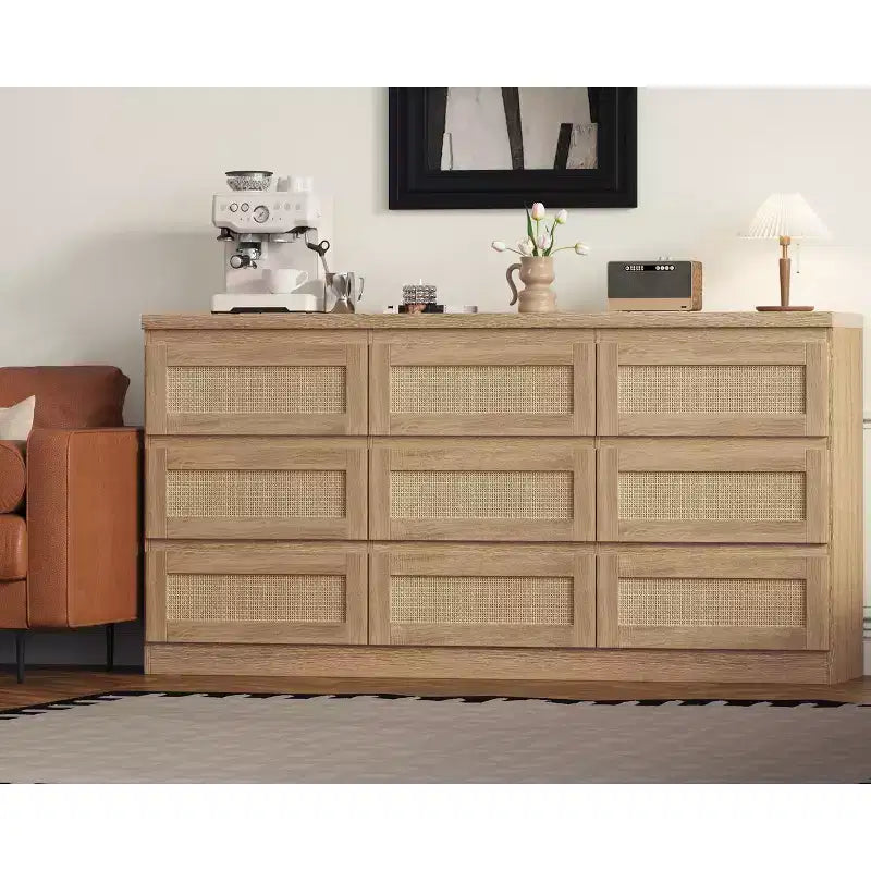 Dresser for Bedroom, Rattan 9 Drawer Dresser for Closet, Double Wood Dressers & Chest of Drawers