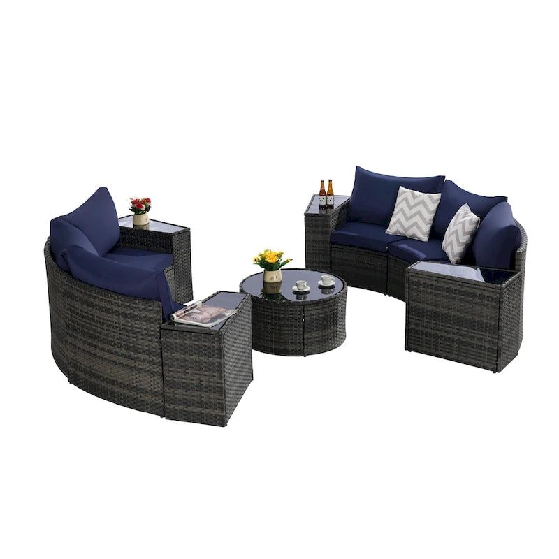 11-Piece Outdoor Half-Round Modular Sectional Sofa Set with Tempered Glass Coffee Table and 4 Side Table