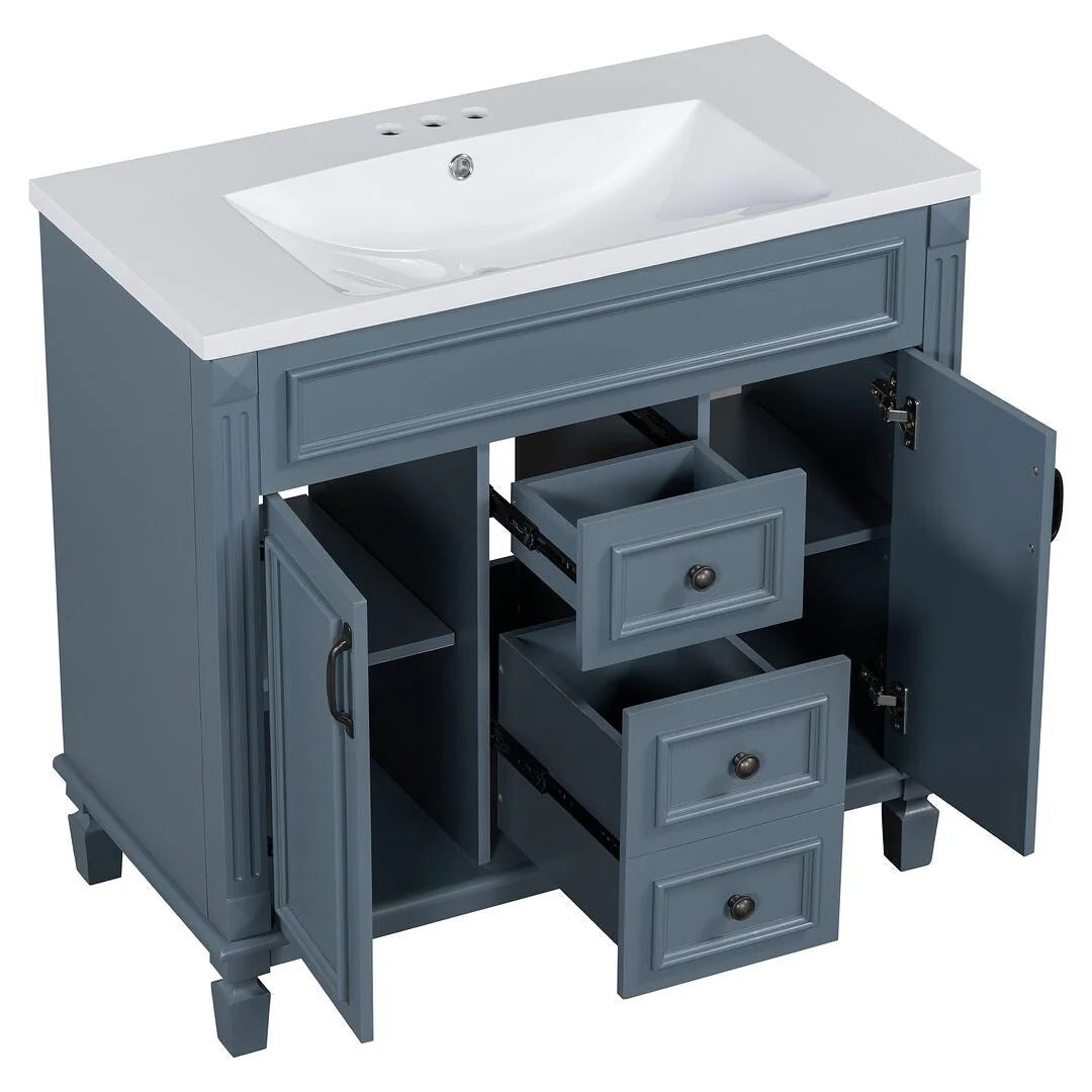 36 Modern Bathroom Vanity with Top Sink and Mirror Cabinet,2 Doors and 2 Drawers