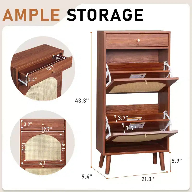 Rattan Panel 1 Drawer 2 Flip-Drawer Shoe Cabinet Particleboard 21.26 W