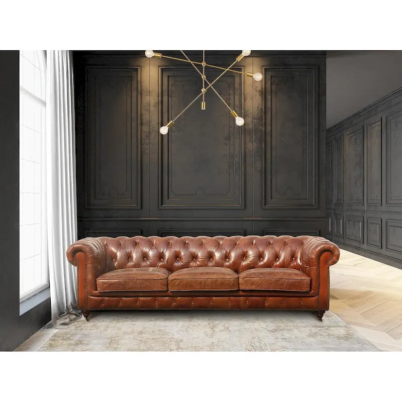 Pasargad Home Paris Club Chesterfield Tufted Sofa, Brown - 28.7 H x 97.2 W x 39 D