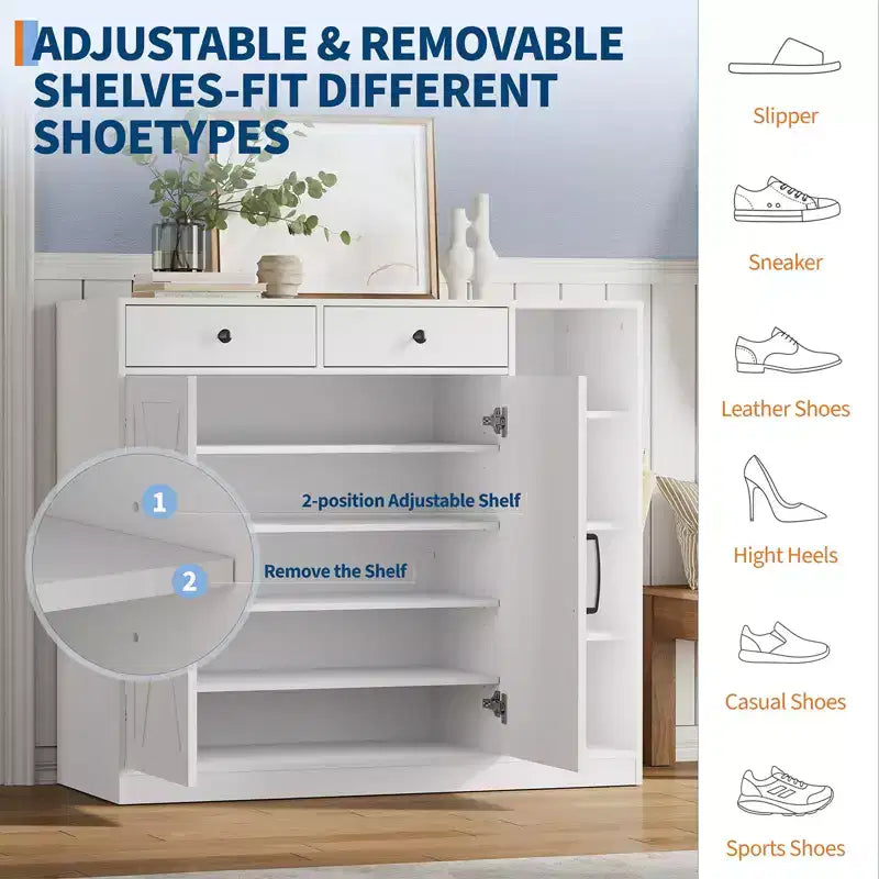 Shoe Cabinet, Shoe Storage Cabinet  Farmhouse 2 Barn Door Design with Drawers, Adjustable Shelves & Hooks for Entryway, Hallway